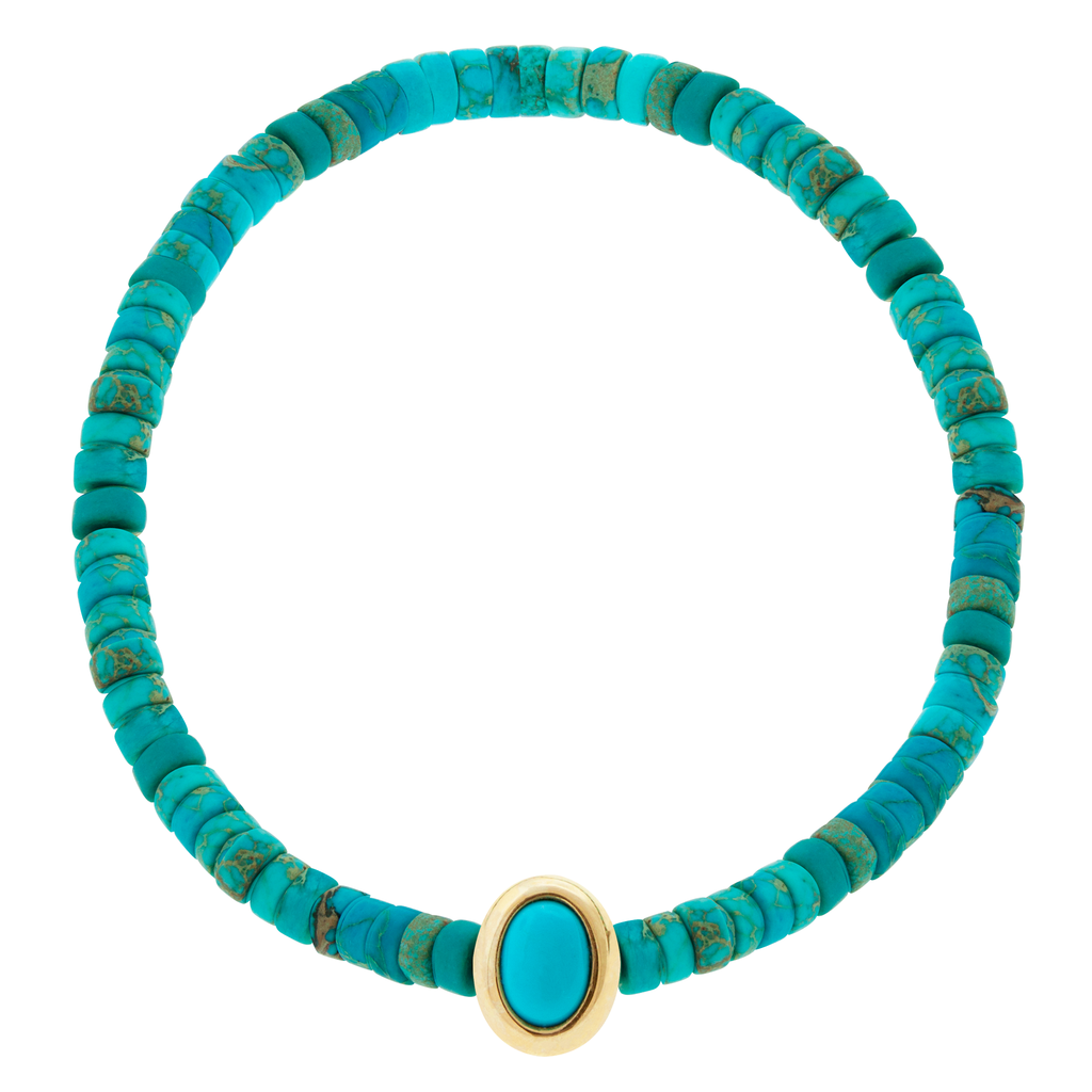 LUIS MORAIS 14k yellow oval cabochon <em>Eye of the Idol</em> bead with a Turquoise gemstone center on a Turquoise beaded bracelet.