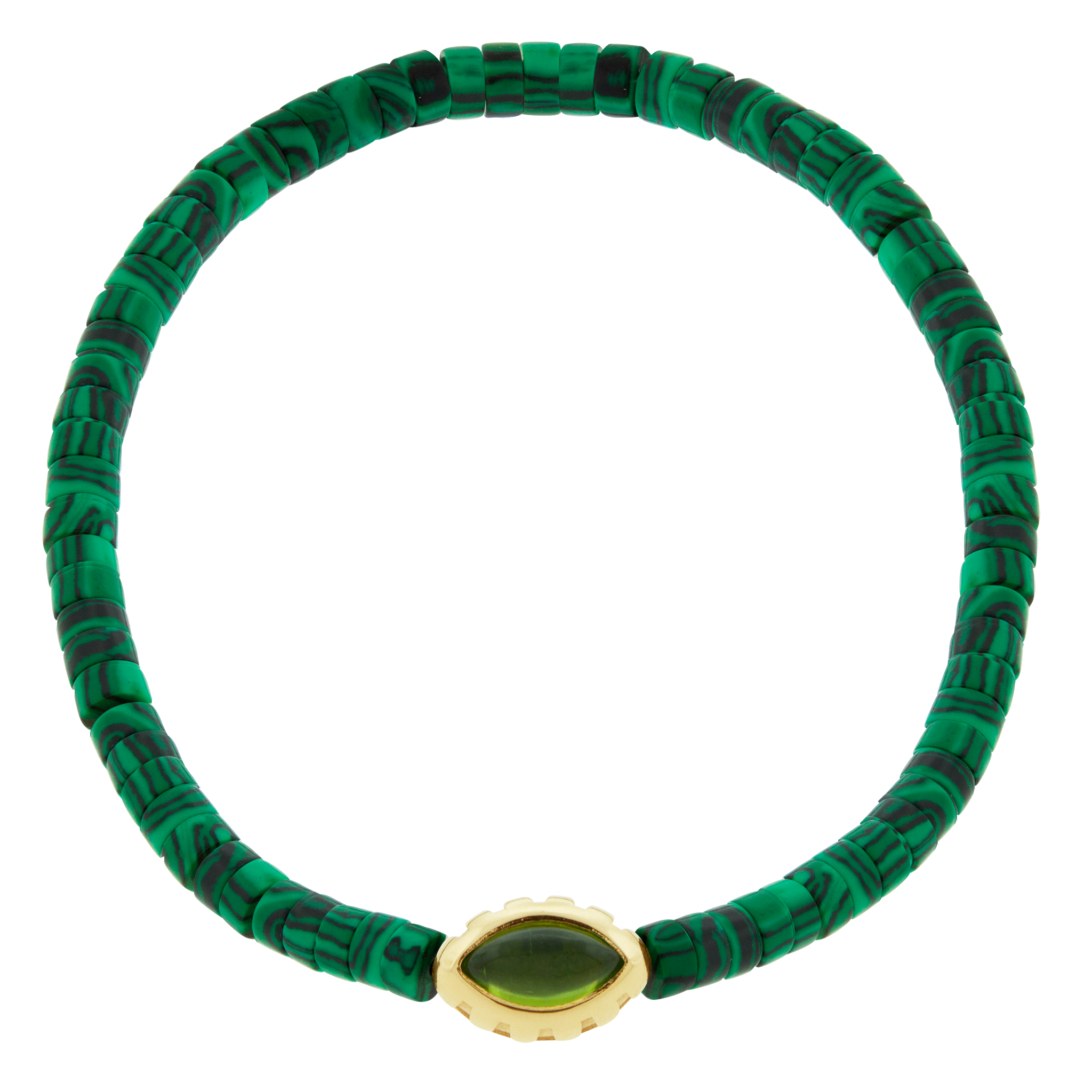 LUIS MORAIS 14k yellow gold Eye of the Idol bead with a marquise Peridot gemstone on a Malachite beaded bracelet.