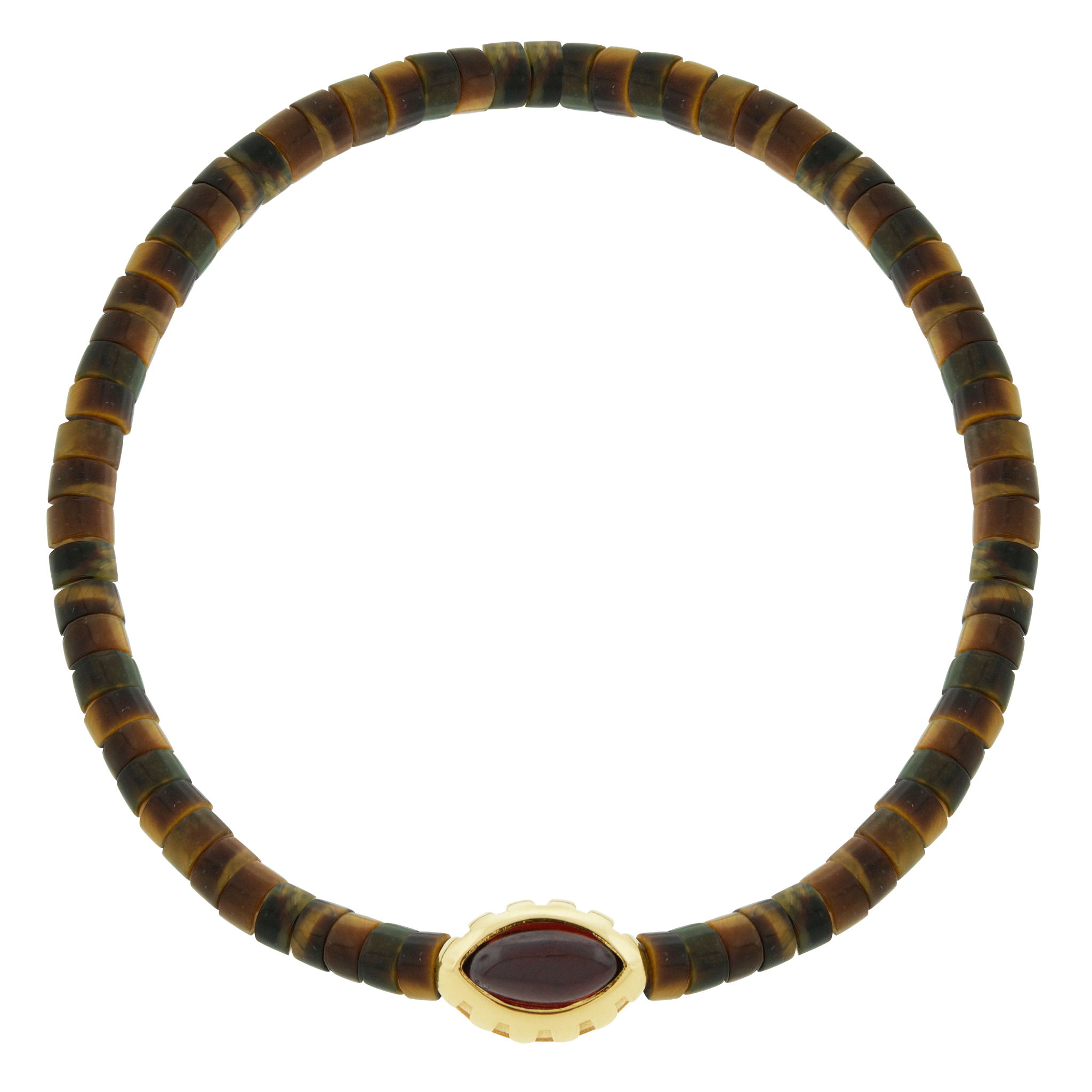 LUIS MORAIS 14k yellow gold Eye of the Idol bead with a marquise Garnet gemstone on a <span data-mce-fragment="1">Tiger's Eye</span>&nbsp;beaded bracelet.