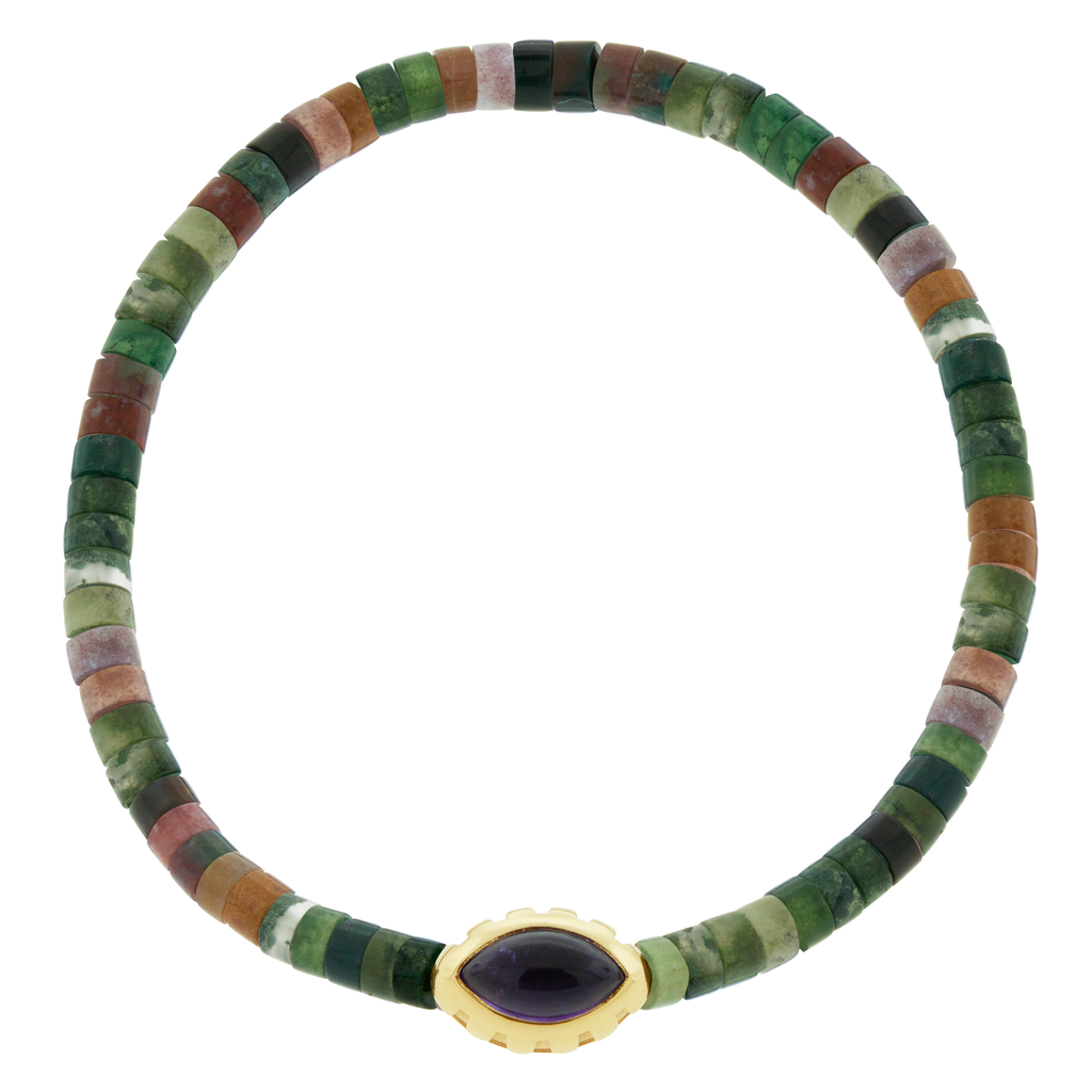 <p>LUIS MORAIS 14k yellow gold Eye of the Idol bead with a marquise Amethyst gemstone on an <span data-mce-fragment="1">Indian Agate</span> beaded bracelet.</p> <ul> <li>14 yellow gold with polished finish&nbsp;</li> <li>Peridot, 1.50 total carat weight</li> <li><span data-mce-fragment="1">Indian Agate </span>gemstone beads</li> <li>Handmade&nbsp;in the United States&nbsp;</li> </ul> <p>&nbsp;</p>