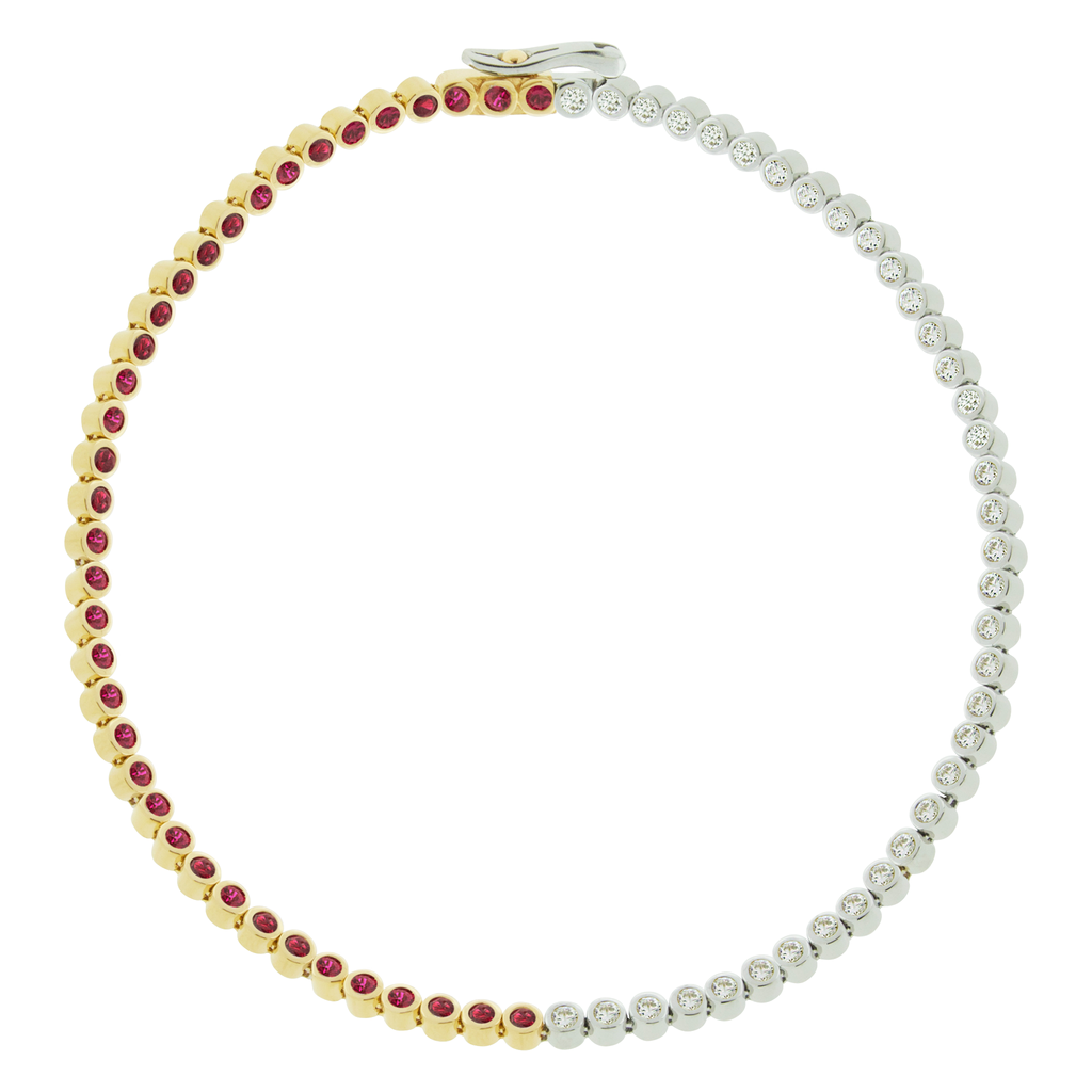 LUIS MORAIS 14K yellow gold and white gold tennis bracelet with half white diamonds and half rubies.&nbsp;