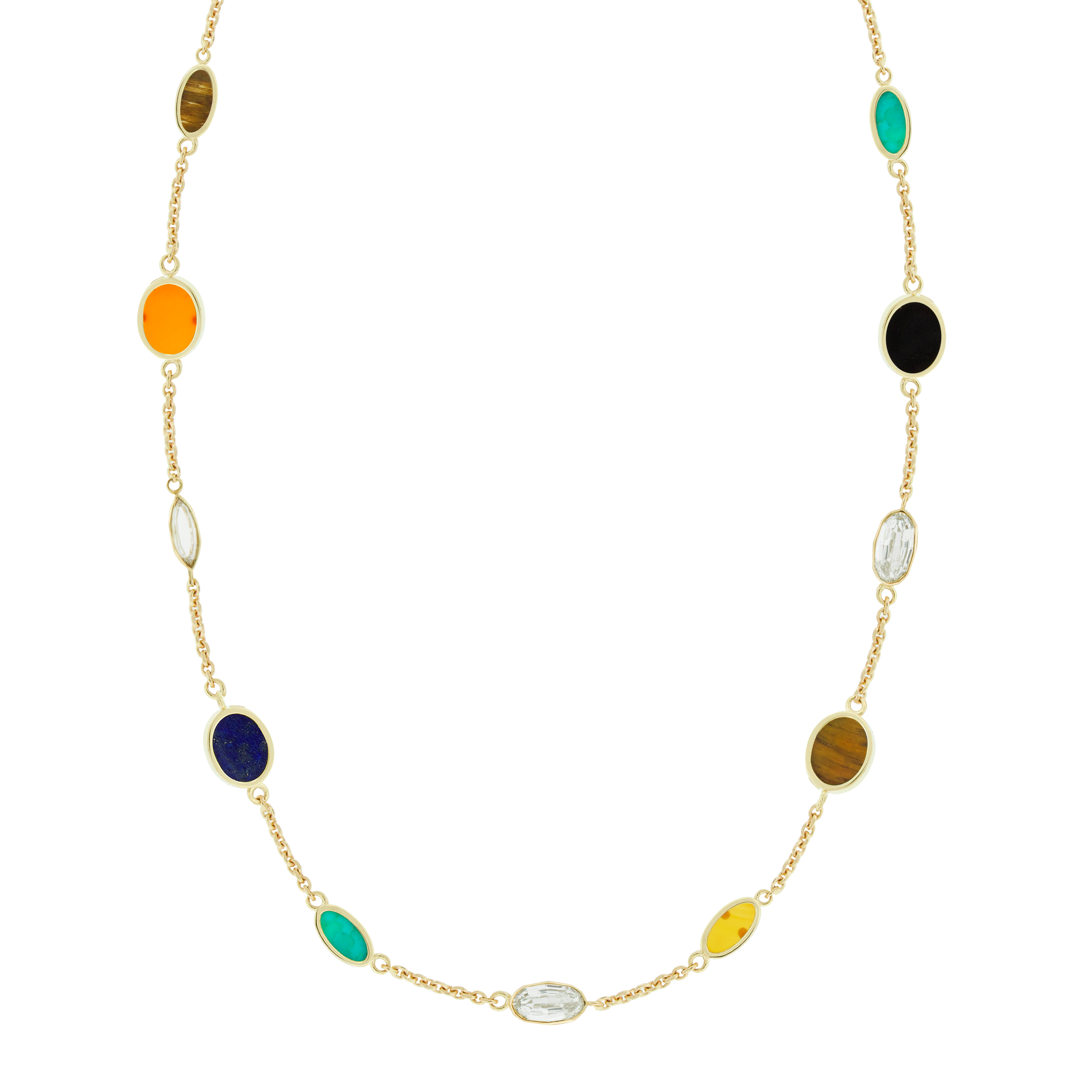 LUIS MORAIS 14k yellow gold&nbsp; diamond-cut cable chain necklace with oval gemstones and white diamonds. Our unique clamshell clasp closure provides added security with its sleek design.