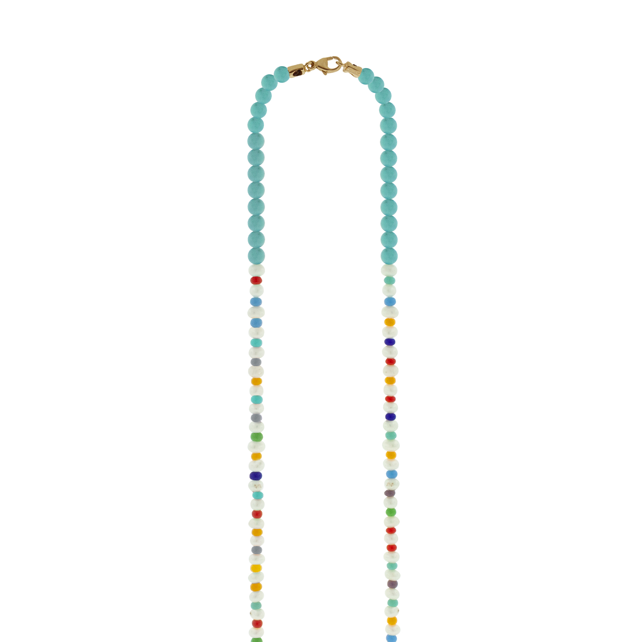 LUIS MORAIS 14k yellow gold small disk with a recessed double-enameled evil eye on a pearl, Turquoise, and glass beaded necklace. Lobster clasp closure.  Length: 20 in.  Main gemstone: Turquoise