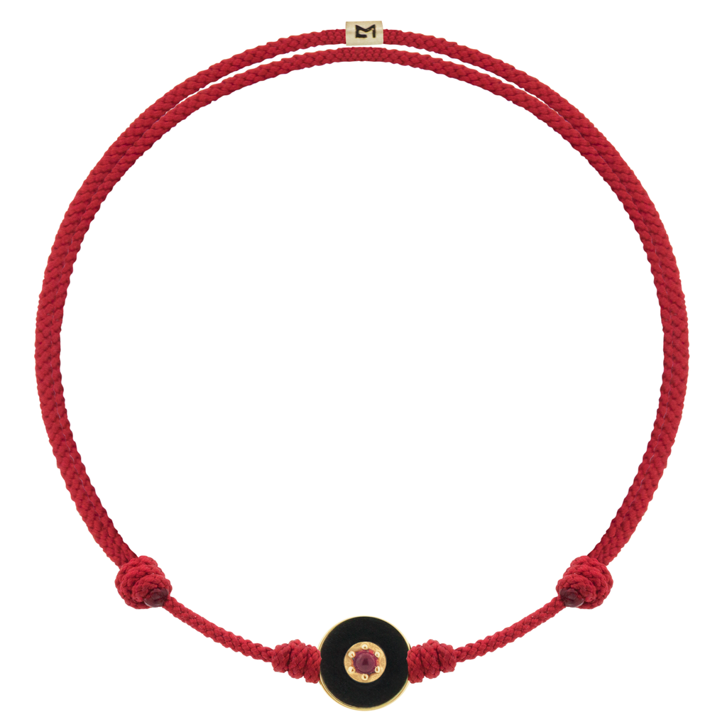 Disque mauvais œil en pierre précieuse émaillée sur bracelet cordon rouge
