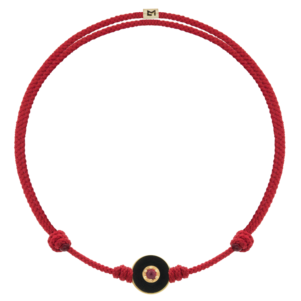 Disco de mal de ojo de piedras preciosas esmaltadas en pulsera de cordón rojo