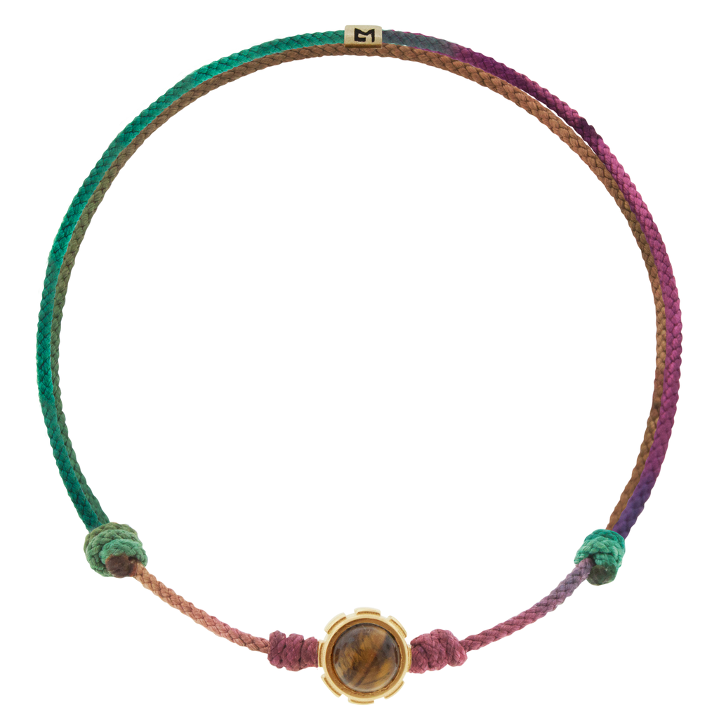 LUIS MORAIS 14k yellow gold rotary collar with Chrysoprase and Tiger's Eye gemstones on a Moody Rainbow adjustable cord bracelet. Features a 14k yellow gold logo spacer.  *If you require a size that is not available in the options provided, please indicate your preferred size in the designated text box during checkout.