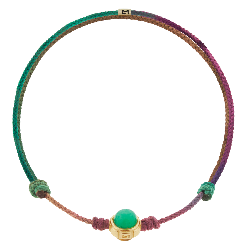 LUIS MORAIS 14k yellow gold rotary collar with Chrysoprase and Tiger's Eye gemstones on a Moody Rainbow adjustable cord bracelet. Features a 14k yellow gold logo spacer.  *If you require a size that is not available in the options provided, please indicate your preferred size in the designated text box during checkout.