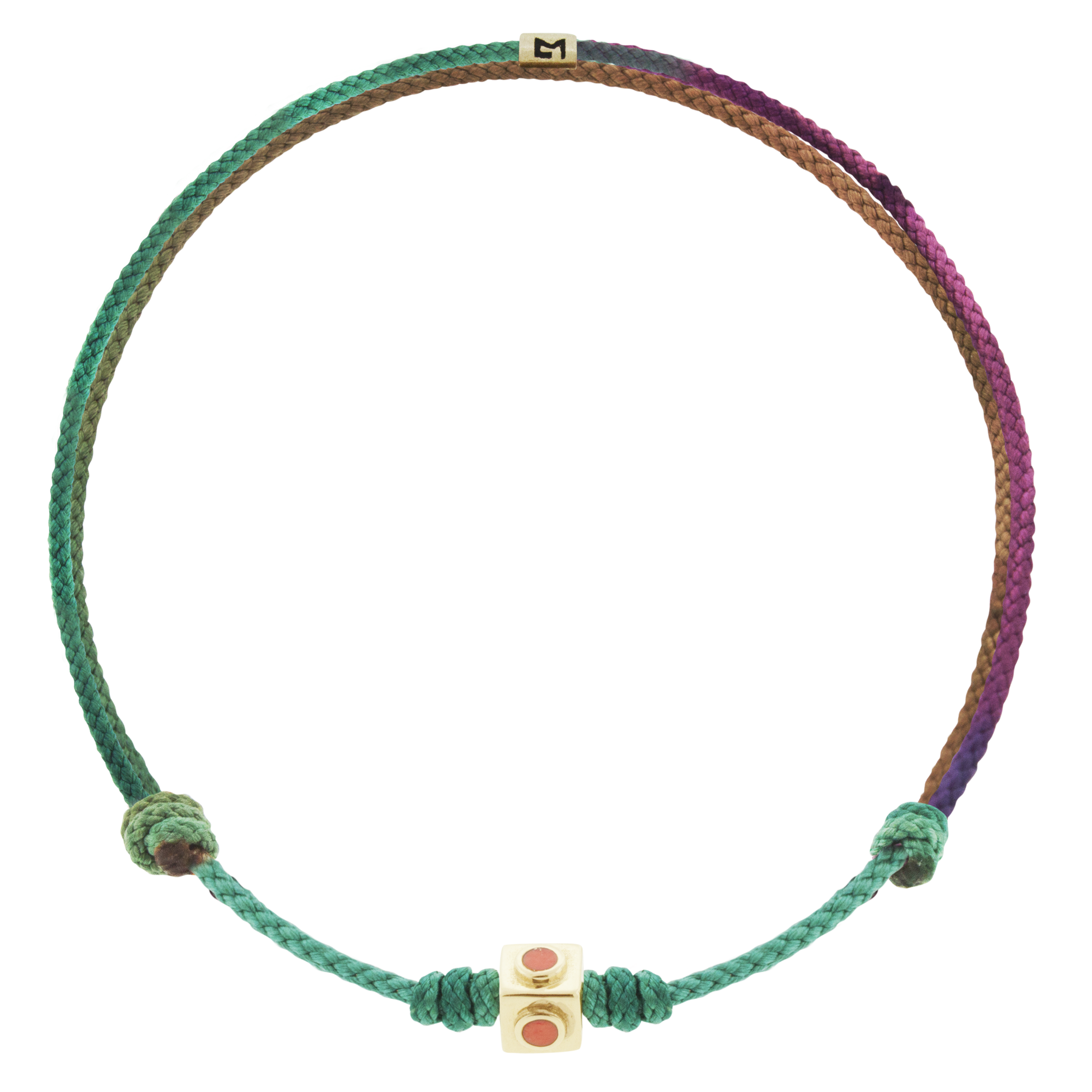 LUIS MORAIS 14k yellow gold small Lego cube (5mm) inlaid with four Coral sides on an adjustable Moody Rainbow cord bracelet. Features a 14k yellow gold logo spacer.