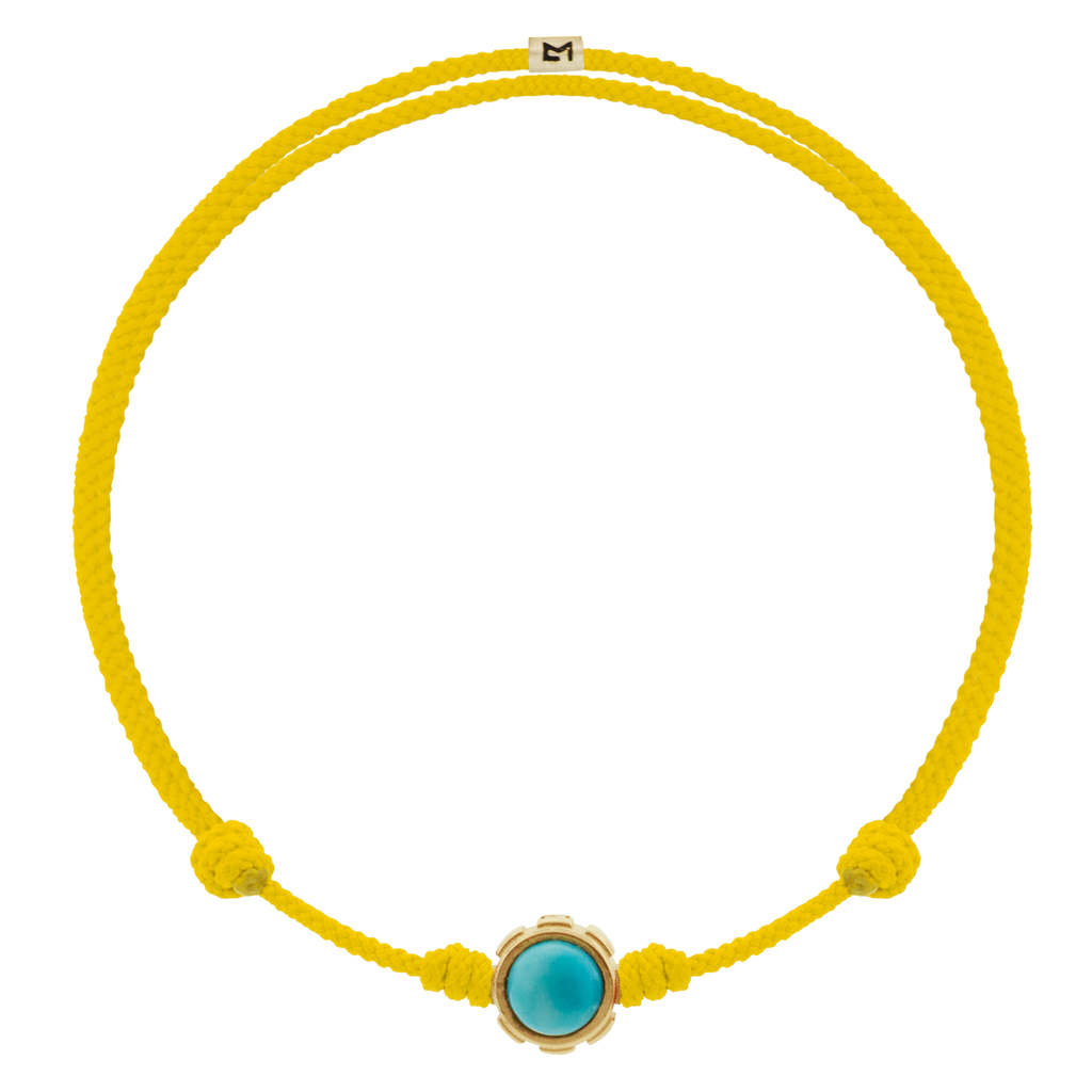 LUIS MORAIS 14k yellow gold rotary collar with Turquoise and Tiger's Eye gemstones on an adjustable cord bracelet. Features a 14k yellow gold logo spacer.  *If you require a size that is not available in the options provided, please indicate your preferred size in the designated text box during checkout.