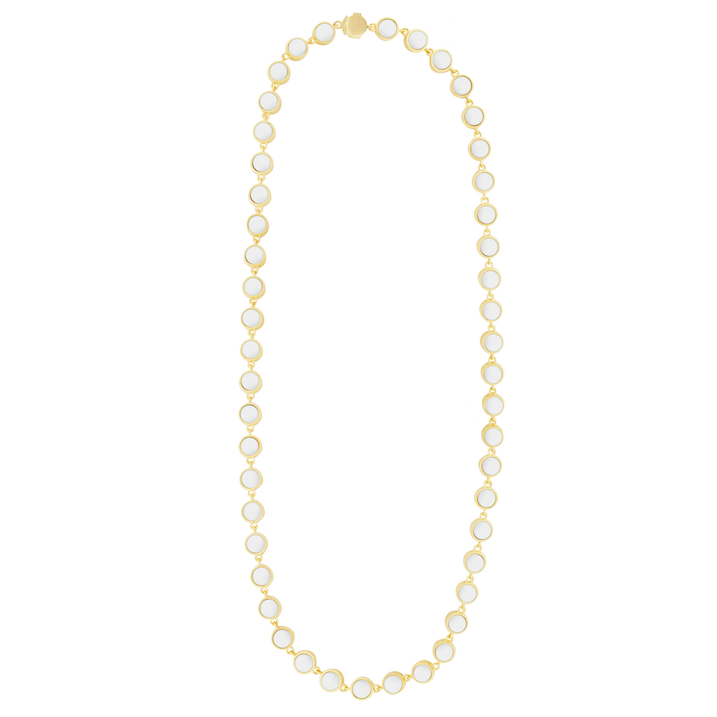 LUIS MORAIS 14k yellow gold chain necklace with round Mother of Pearl gems. Our unique clamshell clasp closure provides added security with its sleek design.