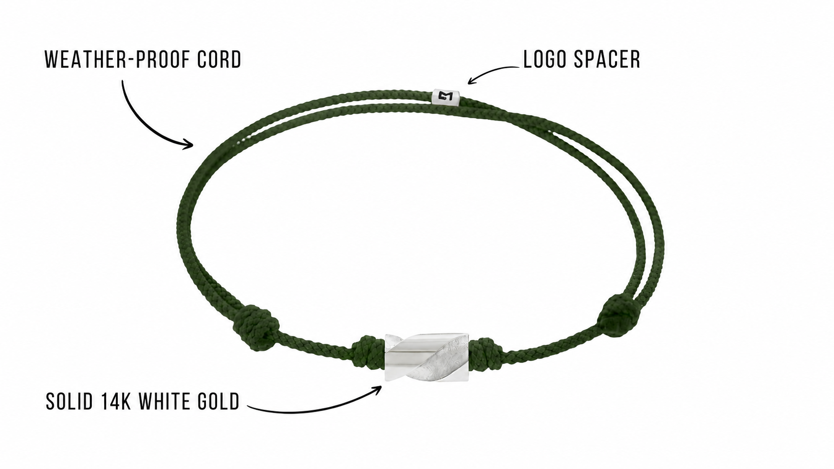 Long Gold White Gold Drill Bit on Cord Bracelet