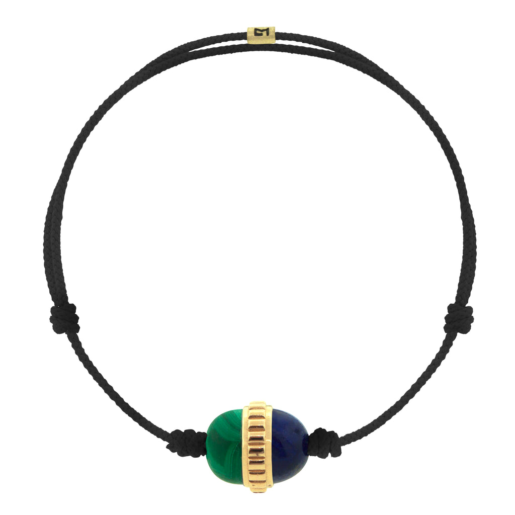 Malachite & Lapis Cabochon with Gold Ribbed Collar on Cord Bracelet