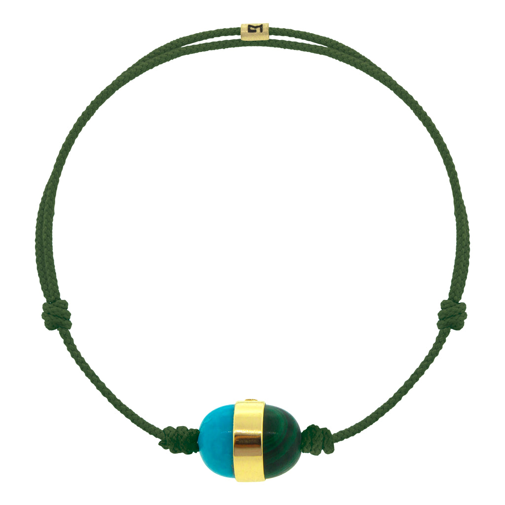 LUIS MORAIS 14K yellow gold smooth collar with two gemstone cabochons on an adjustable cord bracelet. Features a 14K gold logo spacer.