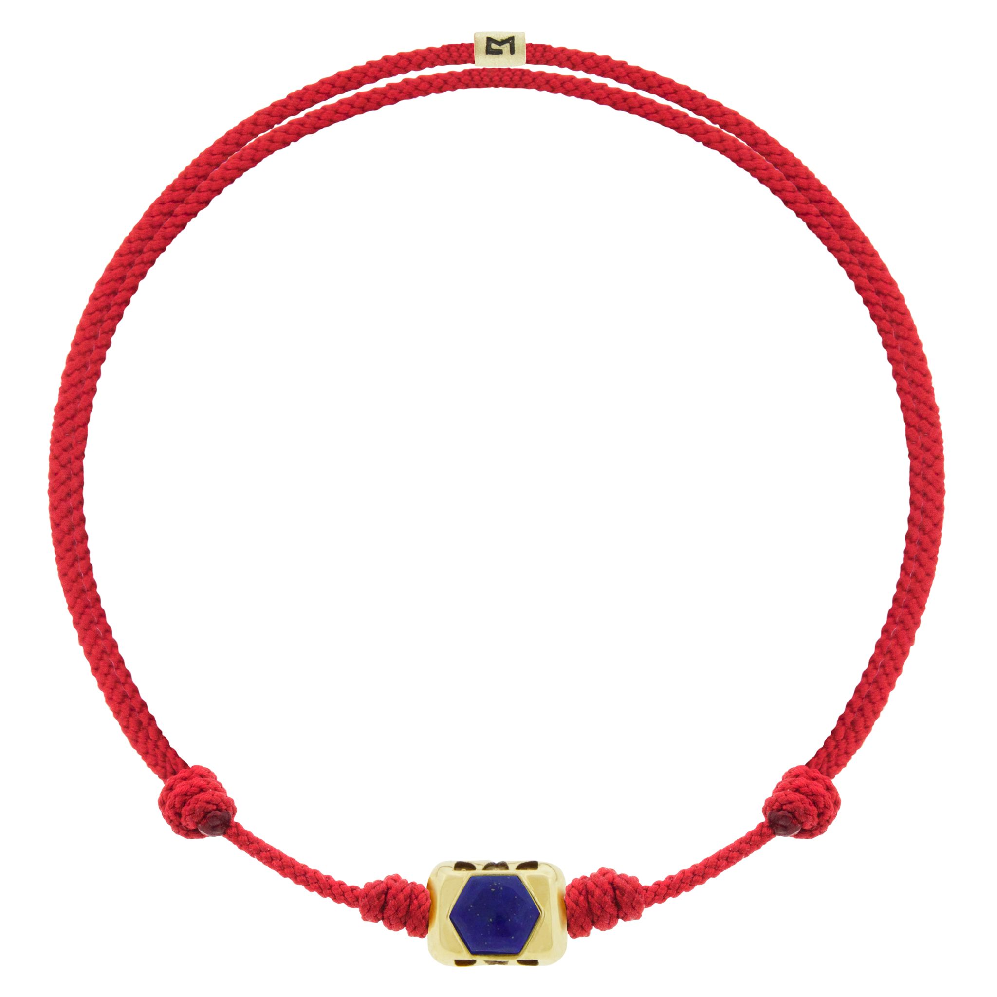 LUIS MORAIS 14k yellow gold ingot with a Lapis hexagon with antiqued words on an adjustable cord bracelet.