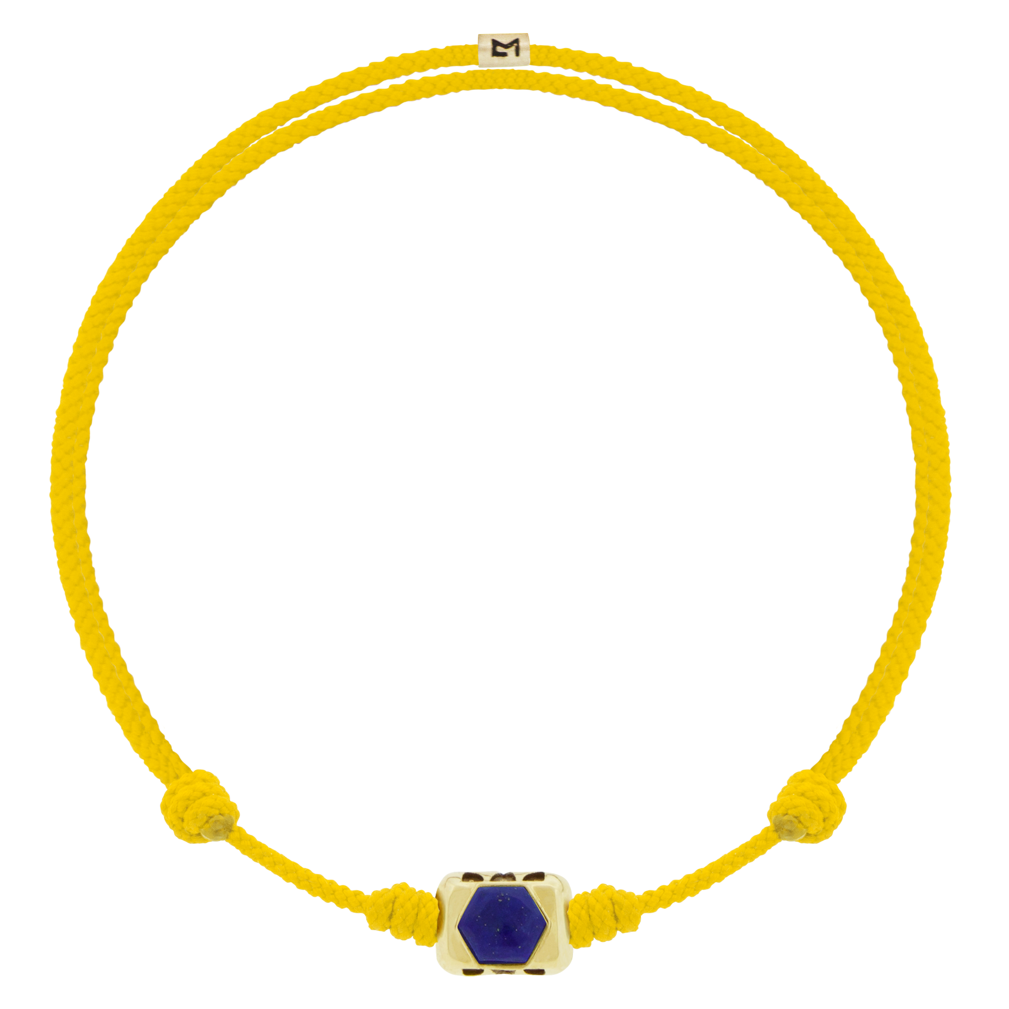 LUIS MORAIS 14k yellow gold ingot with a Moonstone hexagon with antiqued words on an adjustable cord bracelet.