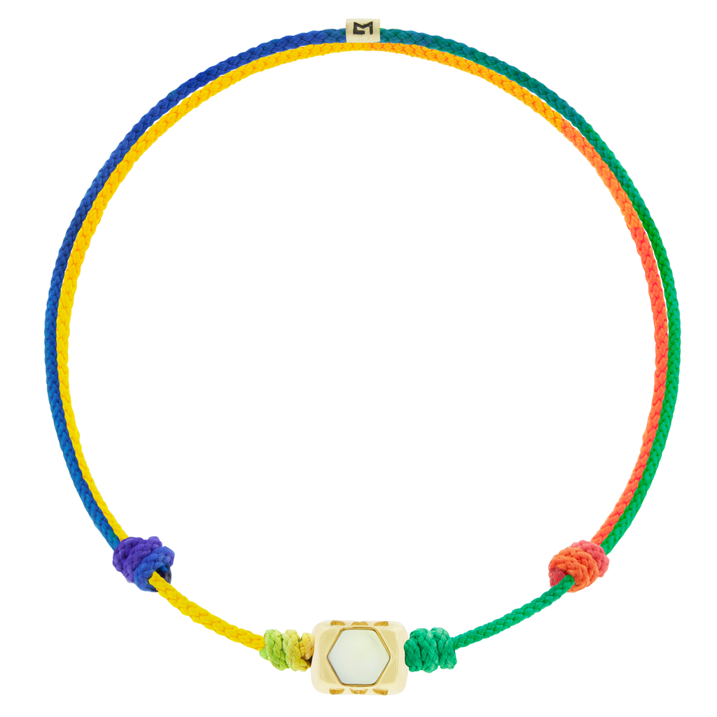 SHIELD ME Ingot with Moonstone Hexagon on Rainbow Cord Bracelet