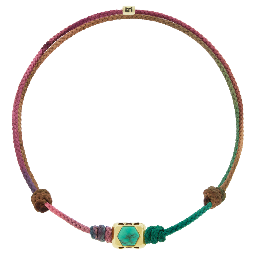 SHIELD ME Ingot with Turquoise Hexagon on Moody Rainbow Cord Bracelet