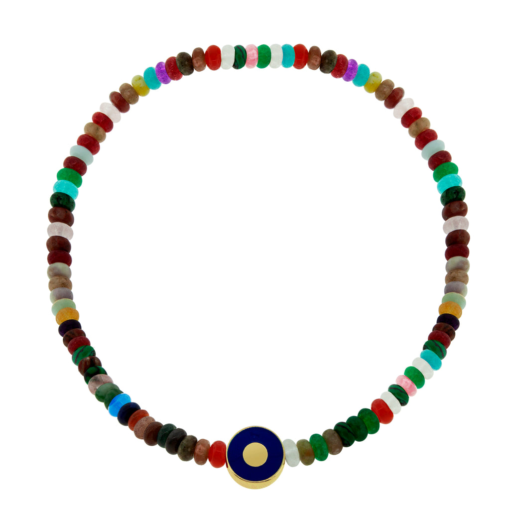LUIS MORAIS 14K yellow gold large disk with enameled symbol on a multicolor agate gemstone beaded bracelet.