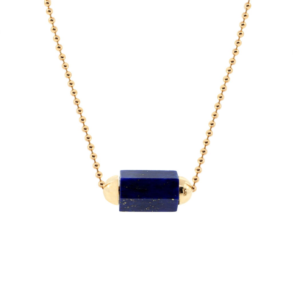 LUIS MORAIS 14K yellow gold 24 inch ball chain, featuring an extra large lapis hexagon gemstone bolt bead with a lobster clasp closure.