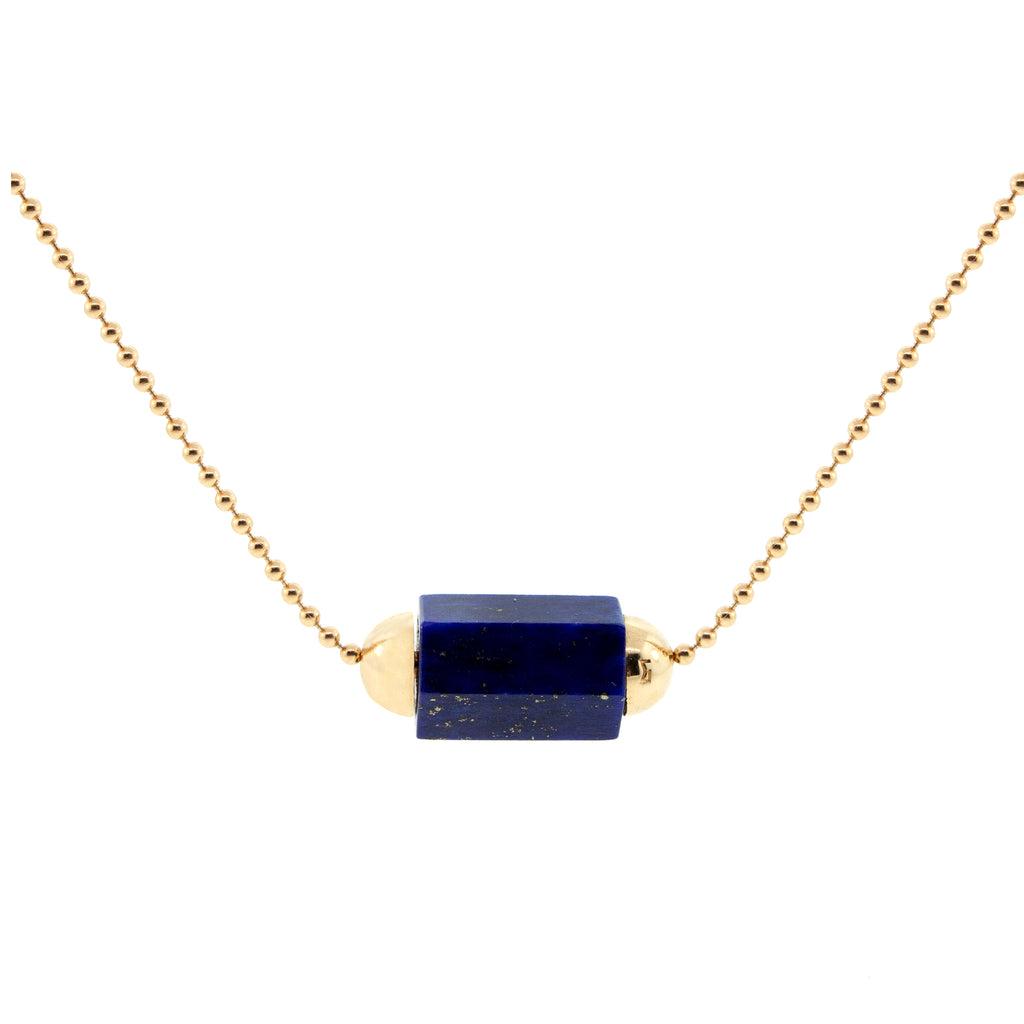 LUIS MORAIS 14K yellow gold 24 inch ball chain, featuring an extra large lapis hexagon gemstone bolt bead with a lobster clasp closure.