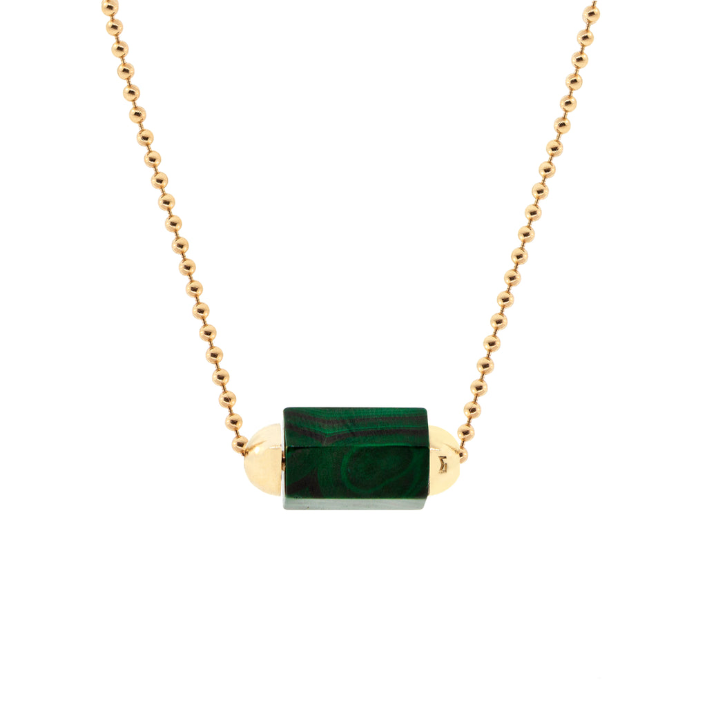 LUIS MORAIS 14K yellow gold 24 inch ball chain, featuring an extra large malachite hexagon gemstone bolt bead with a lobster clasp closure.