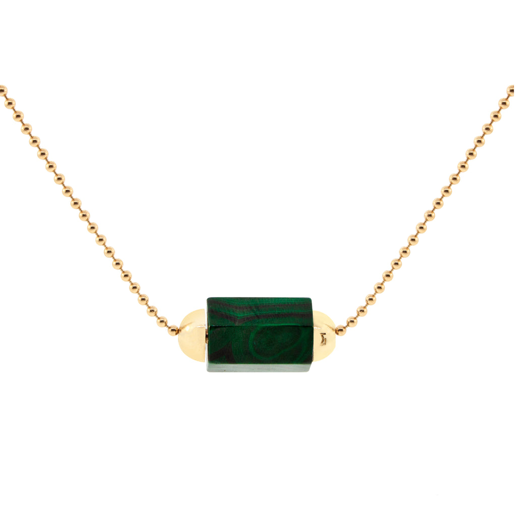 LUIS MORAIS 14K yellow gold 24 inch ball chain, featuring an extra large malachite hexagon gemstone bolt bead with a lobster clasp closure.