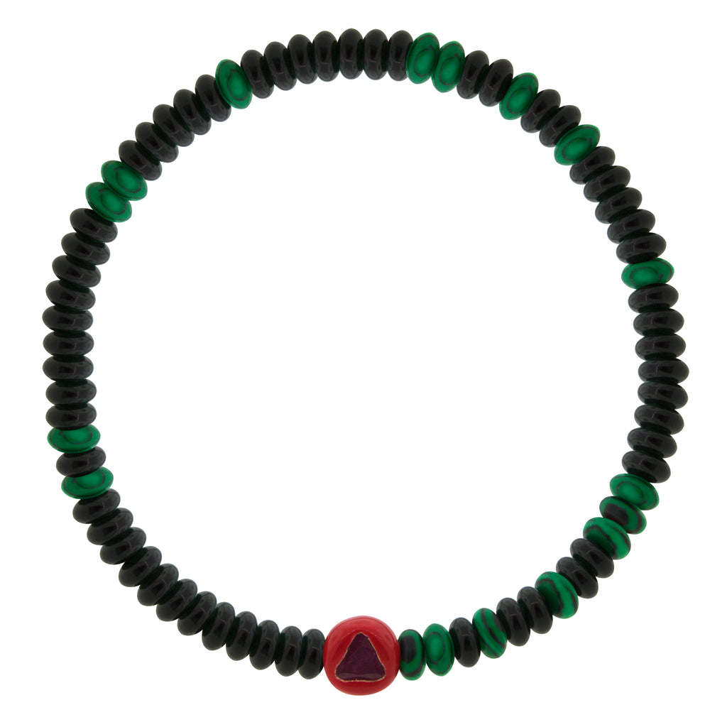 LUIS MORAIS 14K yellow gold enameled large ball with a ruby trillion on an onyx and malachite gemstone beaded bracelet.
