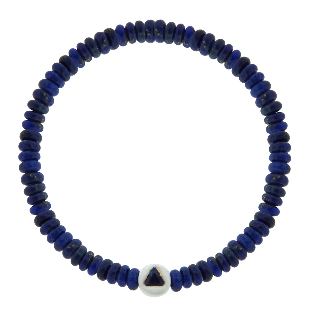 LUIS MORAIS 14K yellow gold enameled large ball with a sapphire trillion on a lapis  gemstone beaded bracelet.