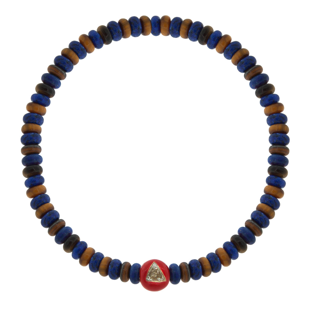 LUIS MORAIS 14K yellow gold enameled large ball with a white diamond trillion on a lapis and tiger's eye and glass beaded bracelet.