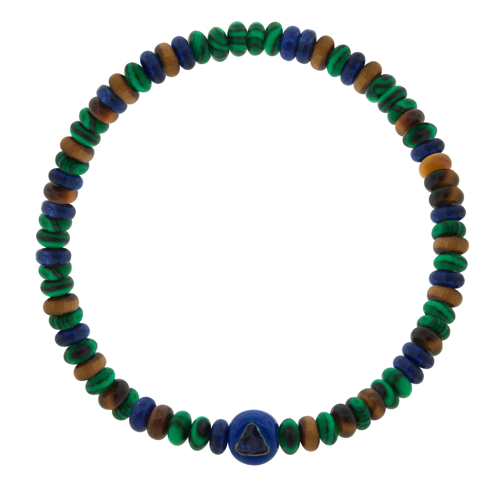LUIS MORAIS 14K yellow gold enameled large ball with a sapphire trillion on a lapis, tiger's eye, and malachite gemstone beaded bracelet.