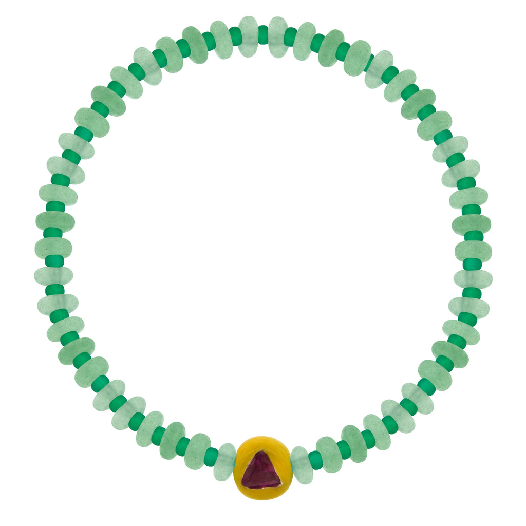 LUIS MORAIS 14K yellow gold enameled large ball with a ruby trillion on a chrysoprase gemstone beaded bracelet.