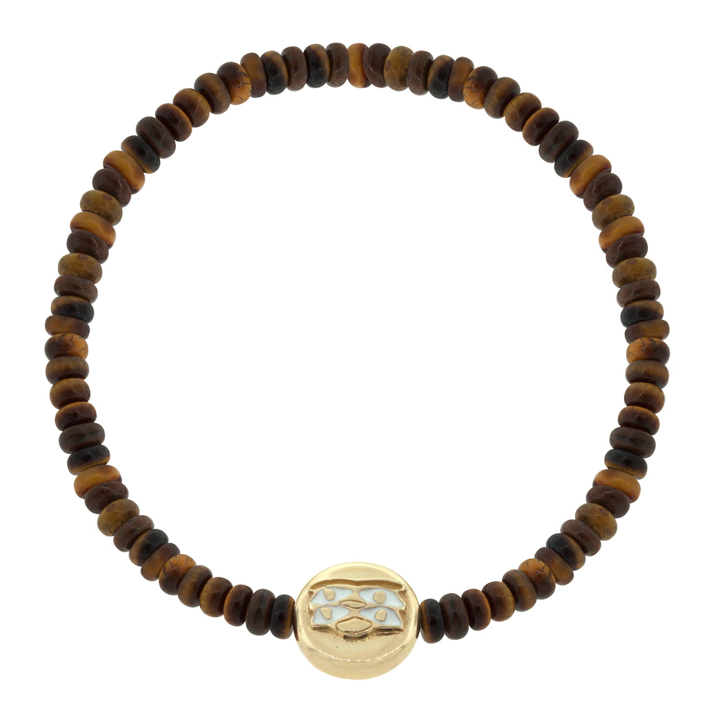 LUIS MORAIS 14K yellow gold large disk with enameled symbol on a tiger's eye gemstone beaded bracelet.