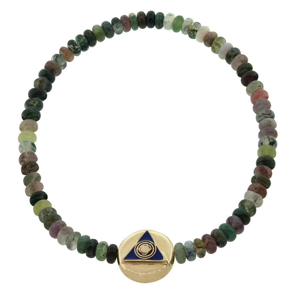 LUIS MORAIS 14K yellow gold large disk with enameled symbol on a Indian agate gemstone beaded bracelet.