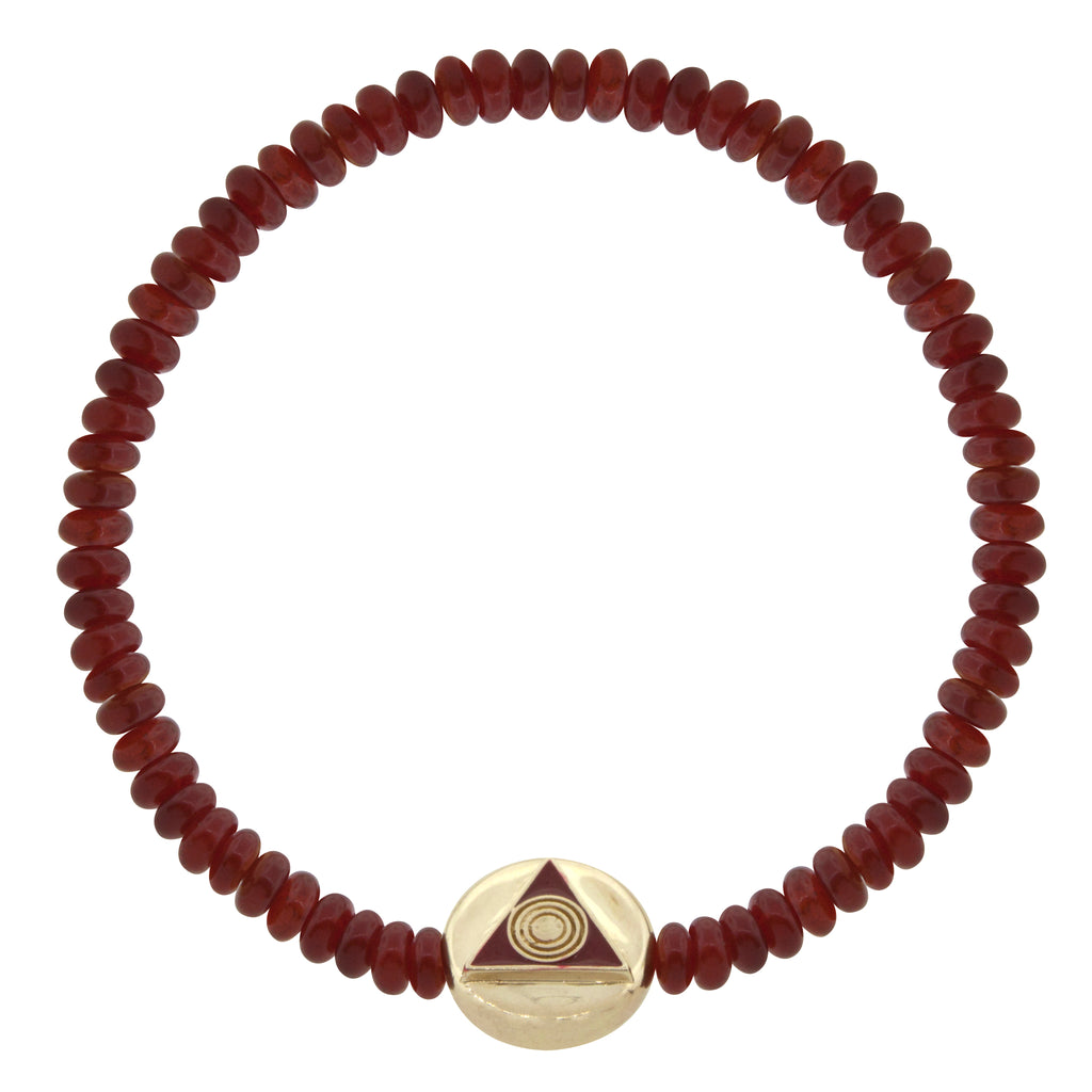 LUIS MORAIS 14K yellow gold large disk with enameled symbol on a red agate gemstone beaded bracelet.