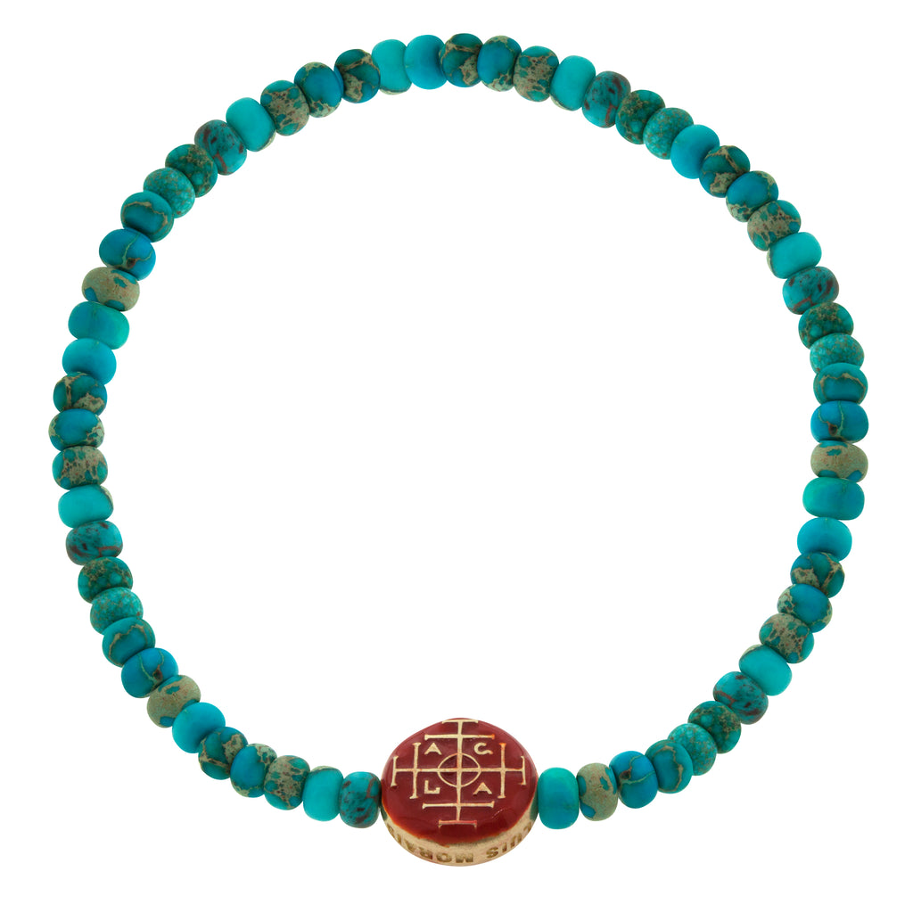 LUIS MORAIS 14K yellow gold large disk with enameled symbol on a turquoise gemstone beaded bracelet.