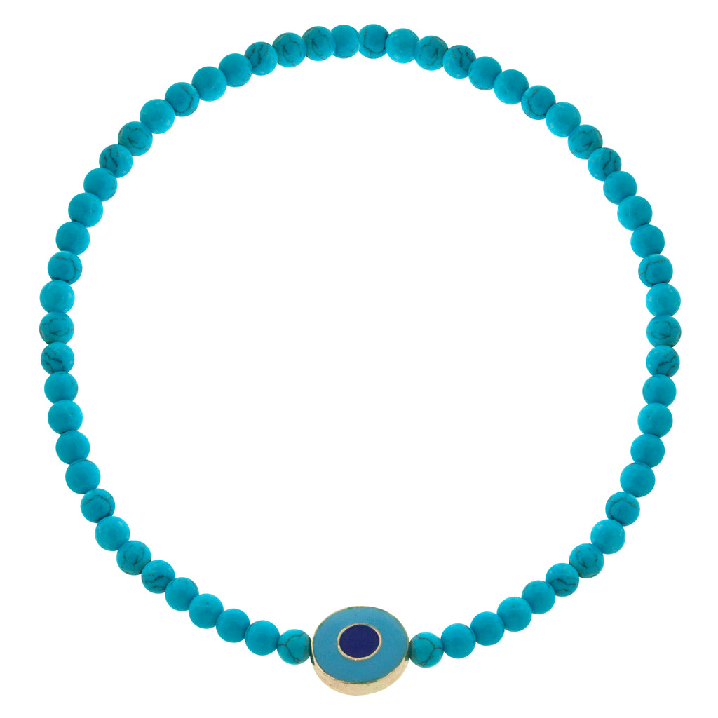 LUIS MORAIS 14K yellow gold small disk with a recessed double enameled evil eye on a gemstone beaded bracelet.