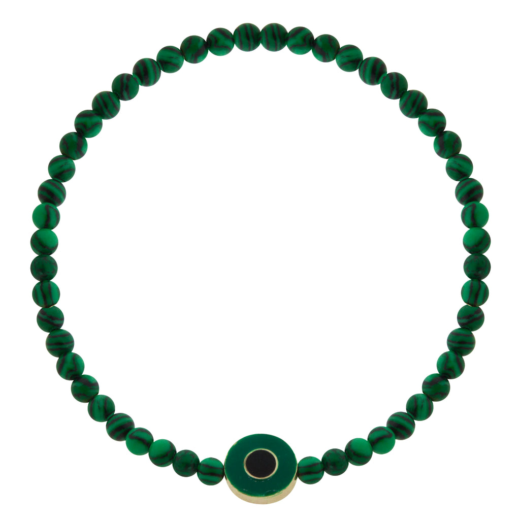 LUIS MORAIS 14K yellow gold small disk with a recessed double enameled evil eye on a gemstone beaded bracelet.