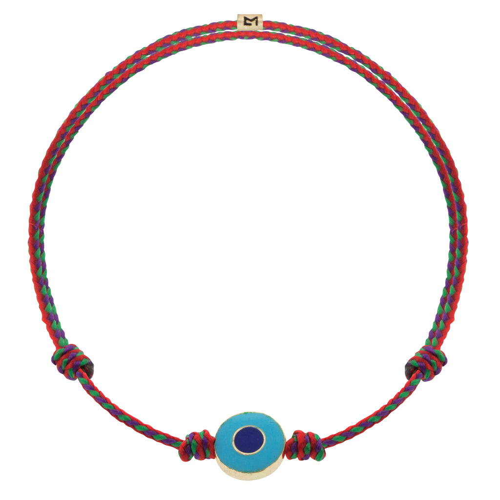 LUIS MORAIS 14K yellow gold small disk with a recessed double-enameled evil eye disk on an adjustable cord bracelet.  