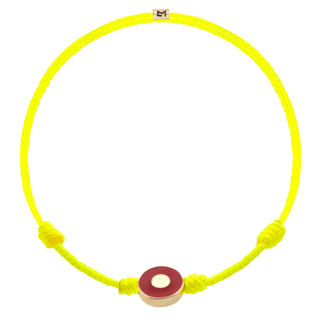 LUIS MORAIS 14K yellow gold small disk with a recessed enameled evil eye disk on an adjustable cord bracelet.     
