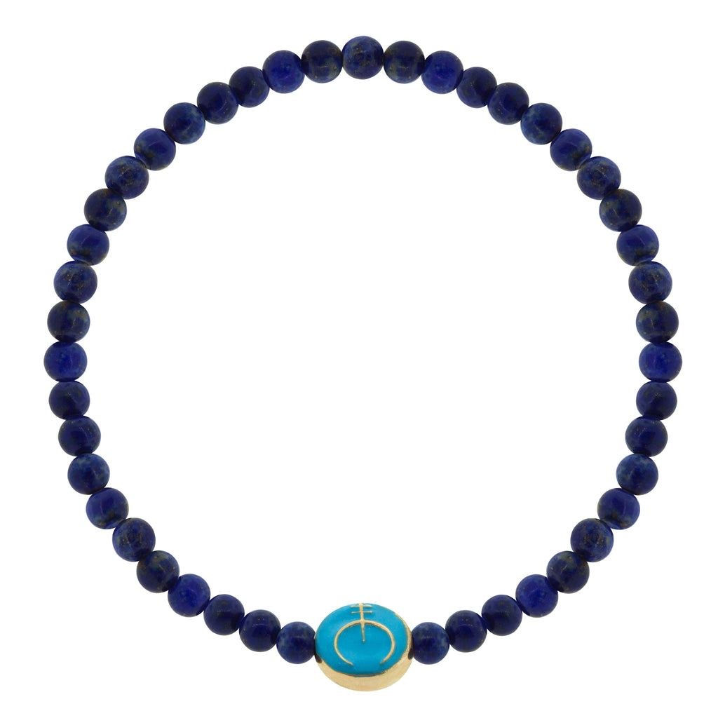 LUIS MORAIS 14K yellow gold small disk with enameled symbol on a round lapis beaded bracelet. 