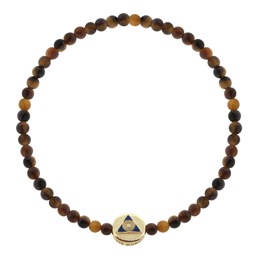 LUIS MORAIS 14K yellow gold small disk with enameled symbol on a round tiger's eye  beaded bracelet. 