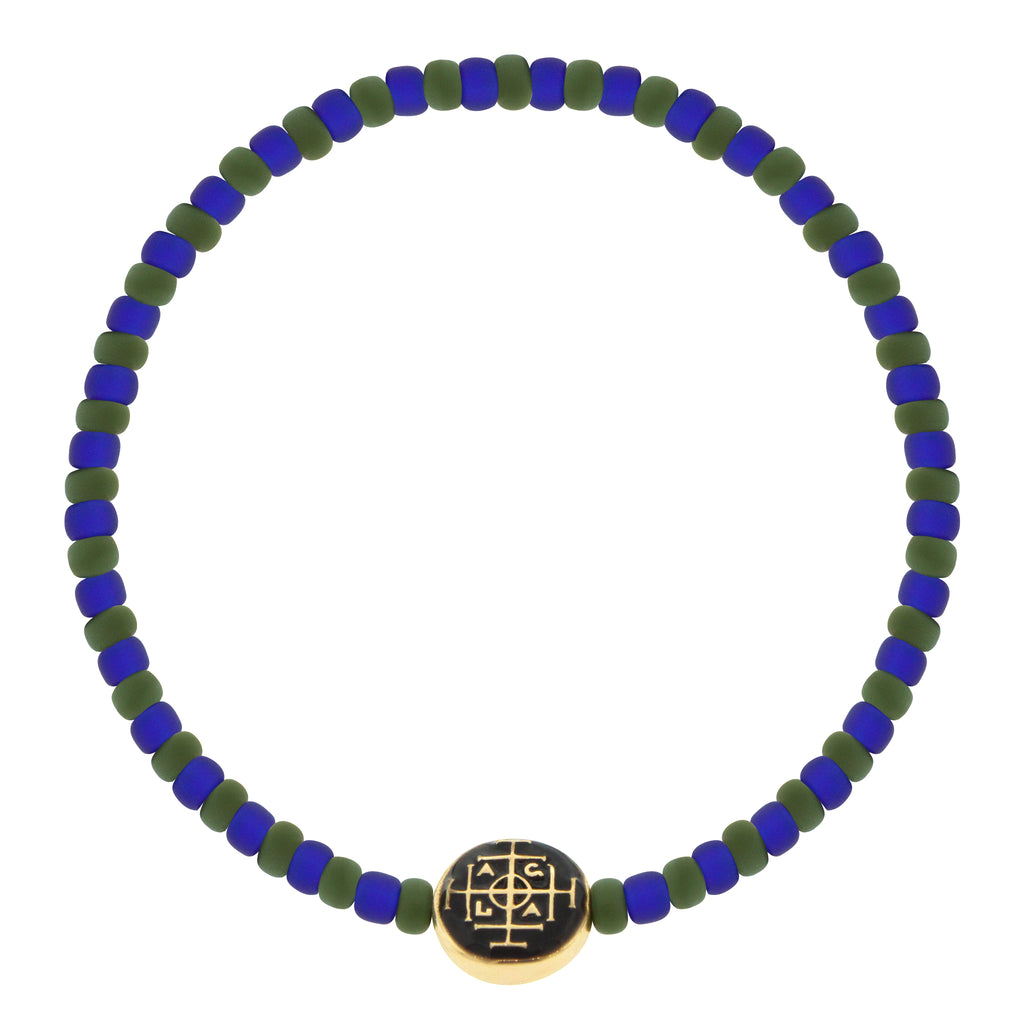 LUIS MORAIS 14K yellow gold small disk with enameled Money Seal symbol on a glass beaded bracelet. 