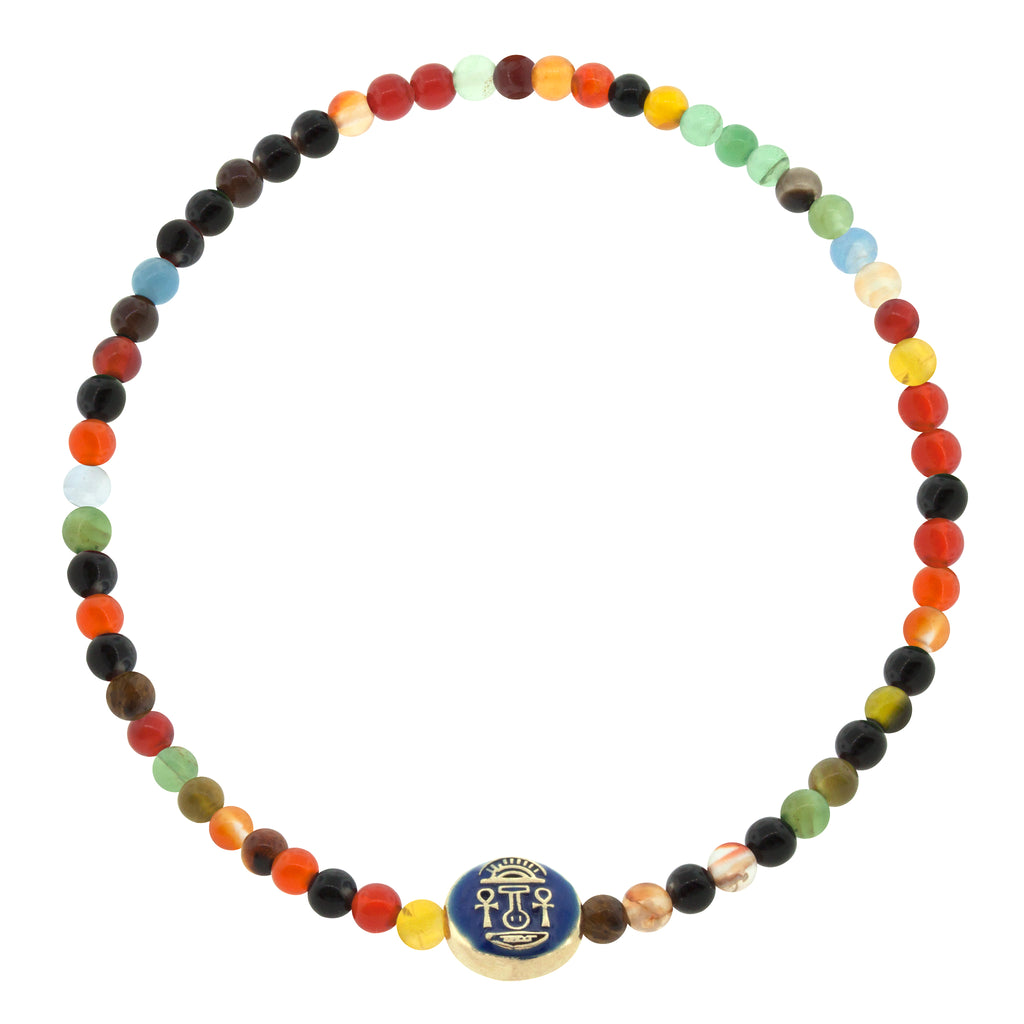 LUIS MORAIS 14K yellow gold small disk with enameled symbol on a round agate beaded bracelet. 