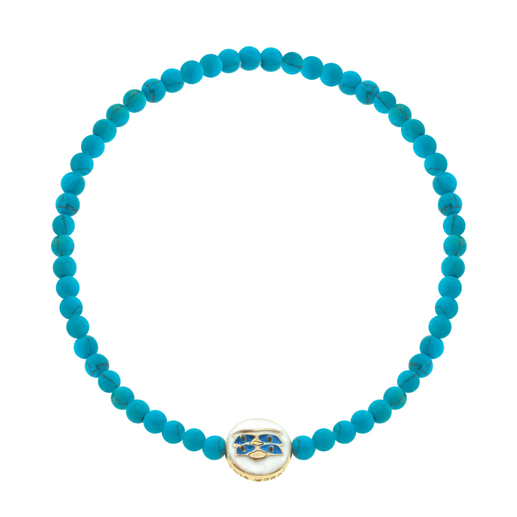 LUIS MORAIS 14K yellow gold small disk with enameled symbol on a round turquoise beaded bracelet. 
