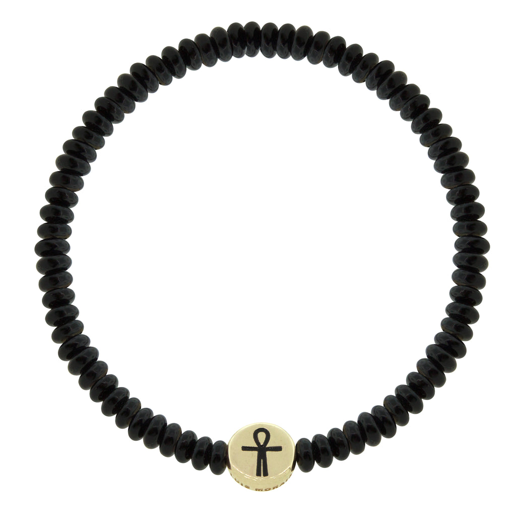 LUIS MORAIS 14K yellow gold small disk with a recessed enameled Ankh symbol on ask onyx beaded bracelet. 