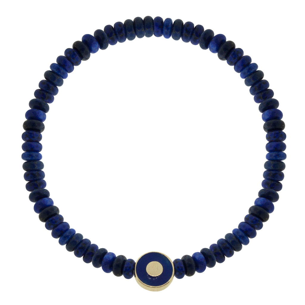 LUIS MORAIS 14K yellow gold small disk with a recessed enameled Evil Eye symbol on a roundel lapis beaded bracelet. 