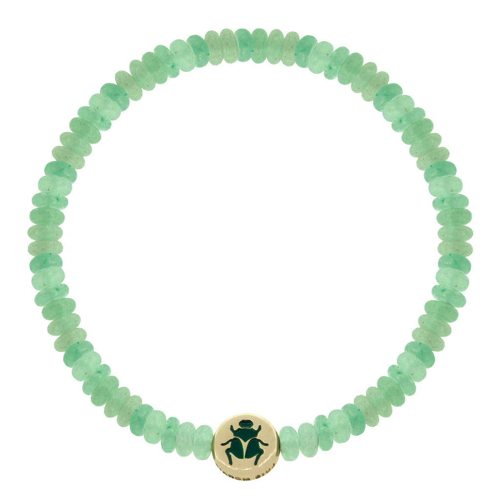 LUIS MORAIS 14K yellow gold small disk with a recessed enameled Scarab symbol on a roundel green aventurine beaded bracelet. 