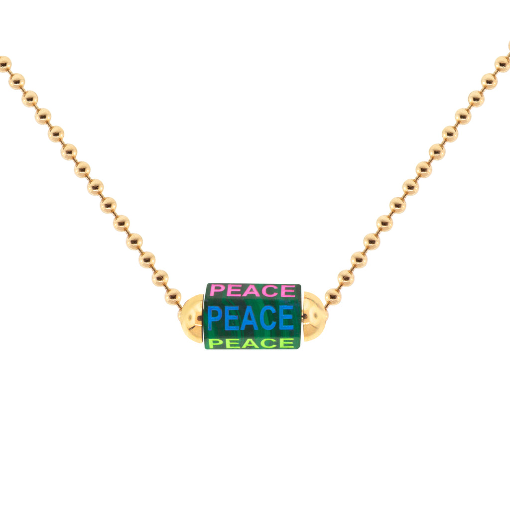 LUIS MORAIS 14K yellow gold  extra large malachite hexagon gemstone bolt bead with multicolor enameled and carved words on a 24 inch ball chain necklace with lobster clasp closure. 