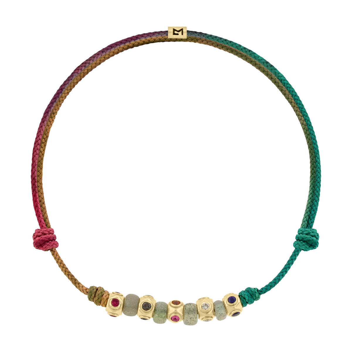 Five Gold Barrels with Gemstones on a Moody Rainbow Cord Bracelet