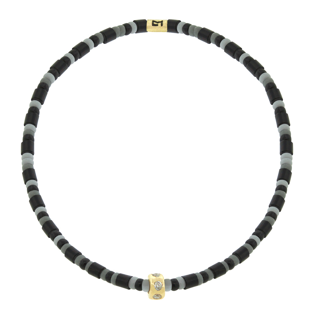 LUIS MORAIS 14K gold mini roundel bead with six white diamonds on a gemstone and glass beaded bracelet.